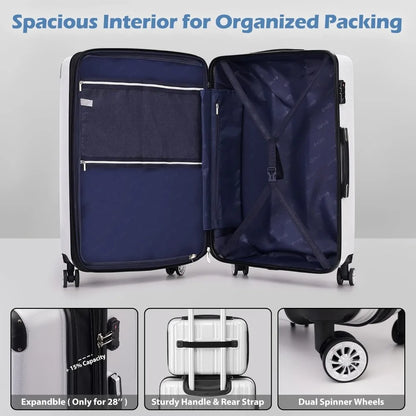 Luggage Expandable 5 Piece Sets PC+ABS Spinner Suitcase 20 inch 24 inch 28 inch (white grid new)